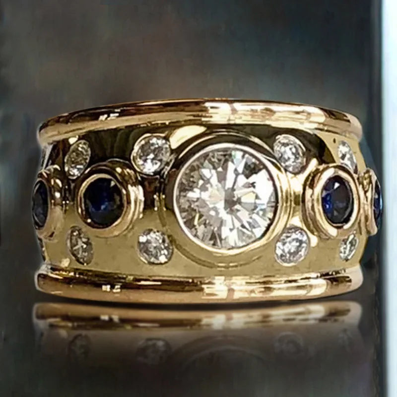 Huitan Gold-Tone CZ Ring – Blue & White Cubic Zirconia Women Fashion CZ Ring Axl