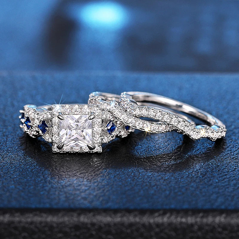 Huitan 3-Piece CZ Bridal Ring Set – Princess Wedding Jewelry Bridal Ring Set Axl