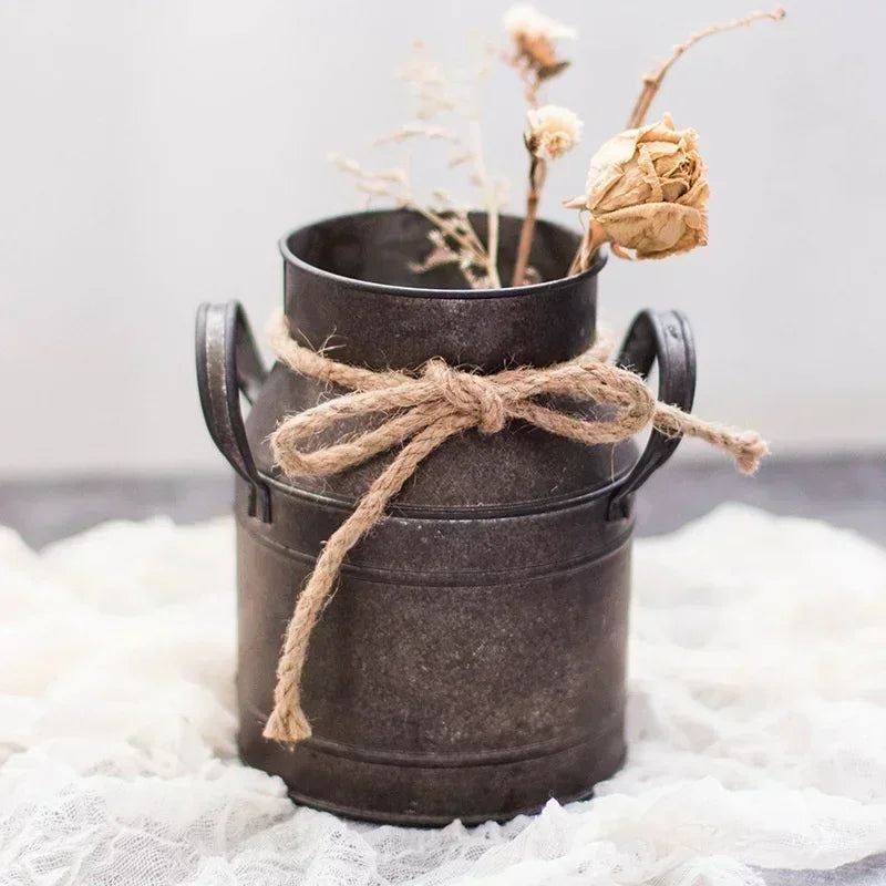 Retro Tin Flower Bucket Vase – Vintage Metal Milk Jug Planter Decorative Vase Axl