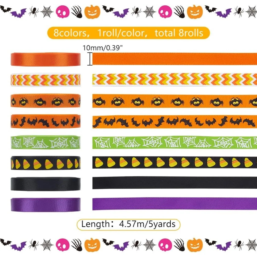 8-Roll Halloween Grosgrain Ribbon Set – 8 Colors 3/8" x 5 Yds Craft Ribbon Set Axl