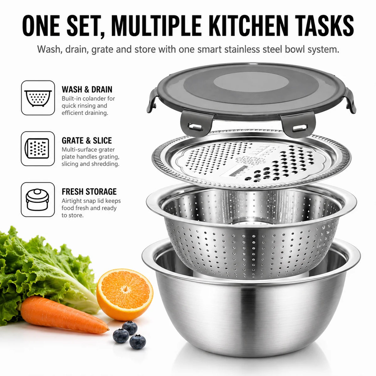 4-in-1 Stainless Steel Mixing Bowl Set – Grater, Colander & Lid Mixing Bowl Set Axl