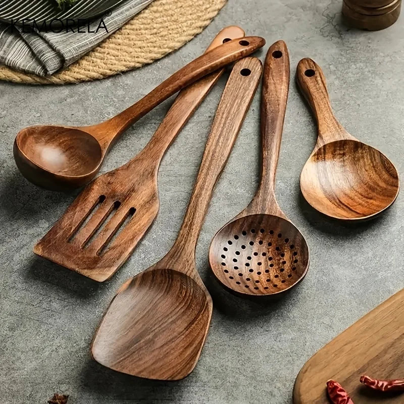 5-Piece Teak Wood Kitchen Utensil Set – Ladle, Turner & Scoop Wood Kitchen Utensil Set Axl