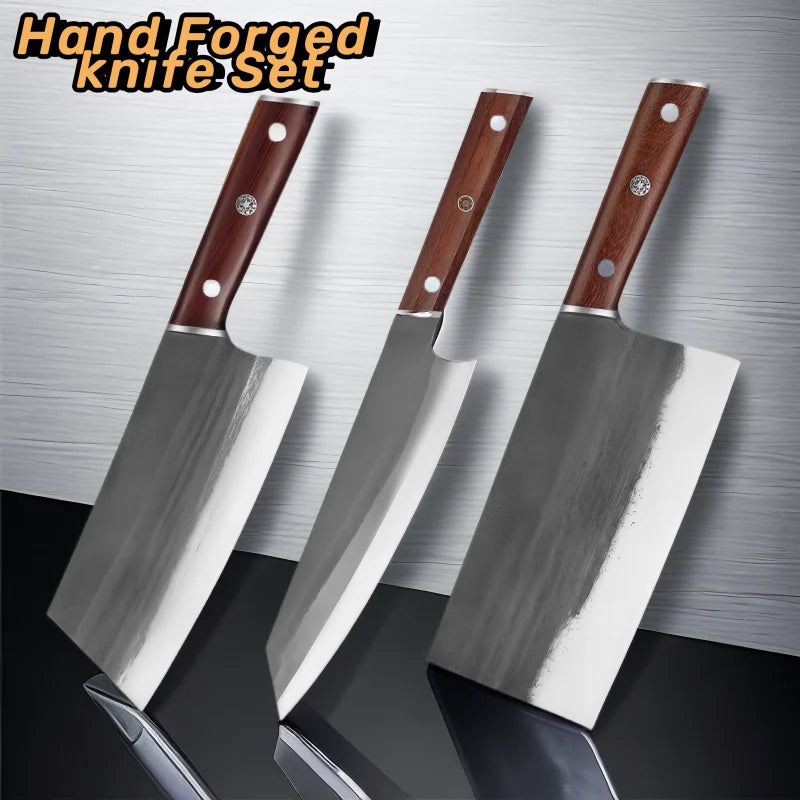 Hand-Forged 3-Piece Knife Set – Chef, Slicer & Cleaver Kitchen Knife Set Axl