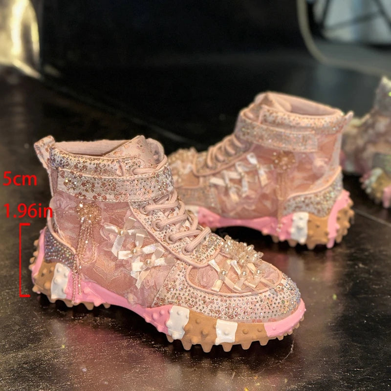Women's Rhinestone Platform Sneakers | Thick Sole Mesh Shoes Platform Sneakers Axl Pink 38