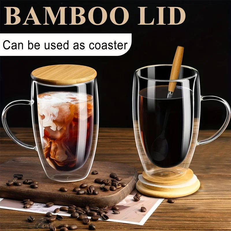 Double Wall Glass Coffee Mugs Set of 2 with Lid & Spoon | KEMORELA Glass Coffee Mug Set Axl
