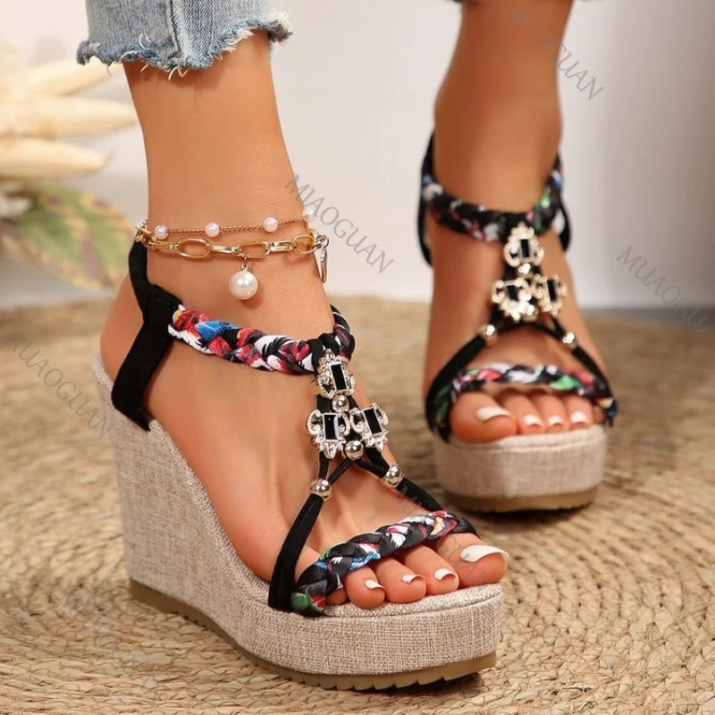 Women's Bohemian T-Strap Wedge Platform Sandals Open Toe Wedge Platform Sandals Axl