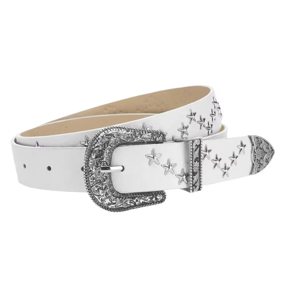 Y2K Punk Studded Belt – Gothic PU Leather Star Waistband Fashion Belt Axl White