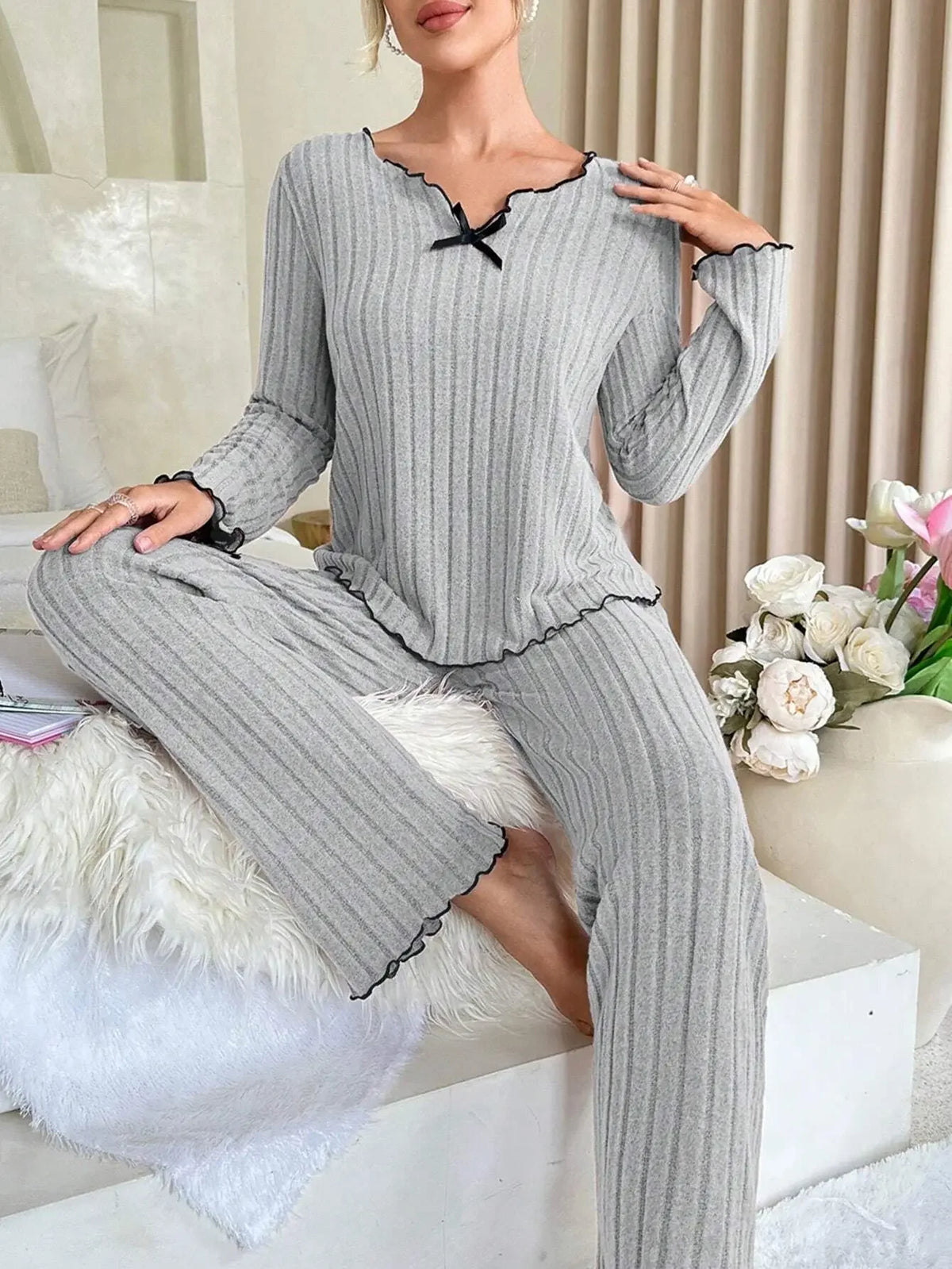 Women's Ribbed Pajama Set – Long Sleeve Top & Pants | 2-Piece Women's Pajama Set Axl gray M