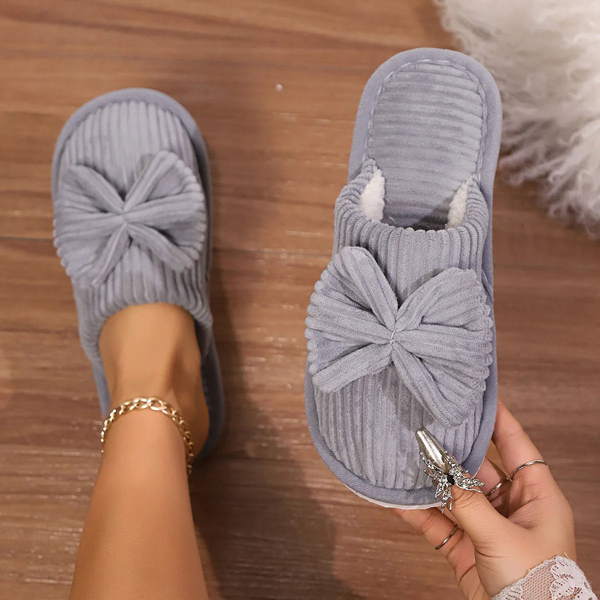 Women's Bow Slippers – Soft Warm Flannel Indoor House Shoes Women's Slippers Axl GRAY 42-43