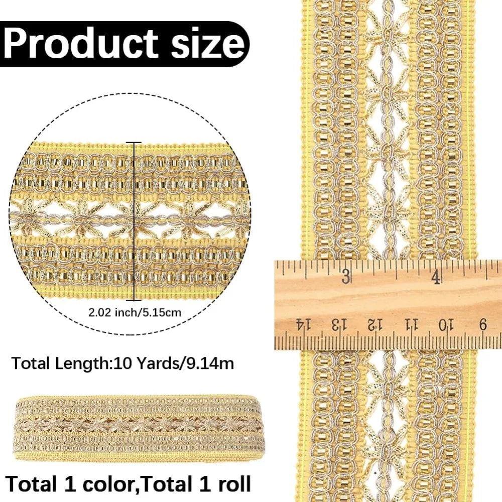 10 Yards Gold Jacquard Ethnic Ribbon Trim – 2 Inch Polyester Jacquard Ribbon Trim Axl