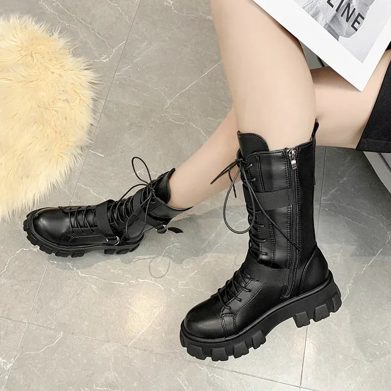 Women's Punk Gothic Mid-Calf Lace-Up Motorcycle Boots Mid-Calf Boots Axl