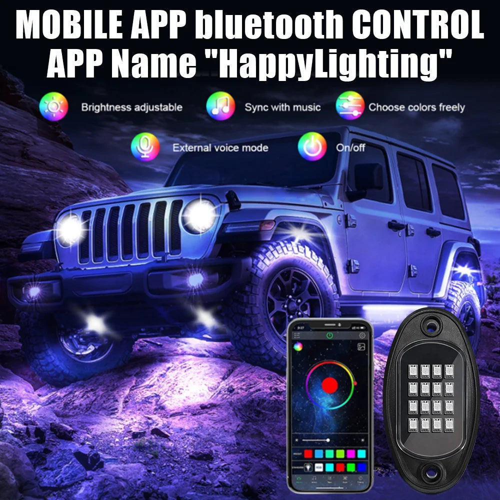 RGB LED Rock Lights Bluetooth APP Music Sync | 4/6/8 Pod Kit LED Rock Light Kit Axl