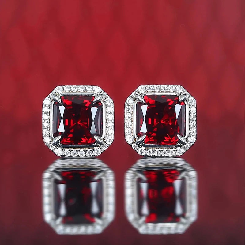 Huitan Red Cubic Zirconia Square Stud Earrings | Silver Tone Stud Earrings Axl