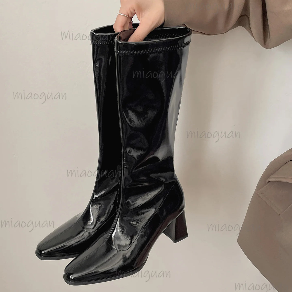 Women's Square Block Heel Mid-Calf Boots | Side Zip Mid-Calf Boots Axl