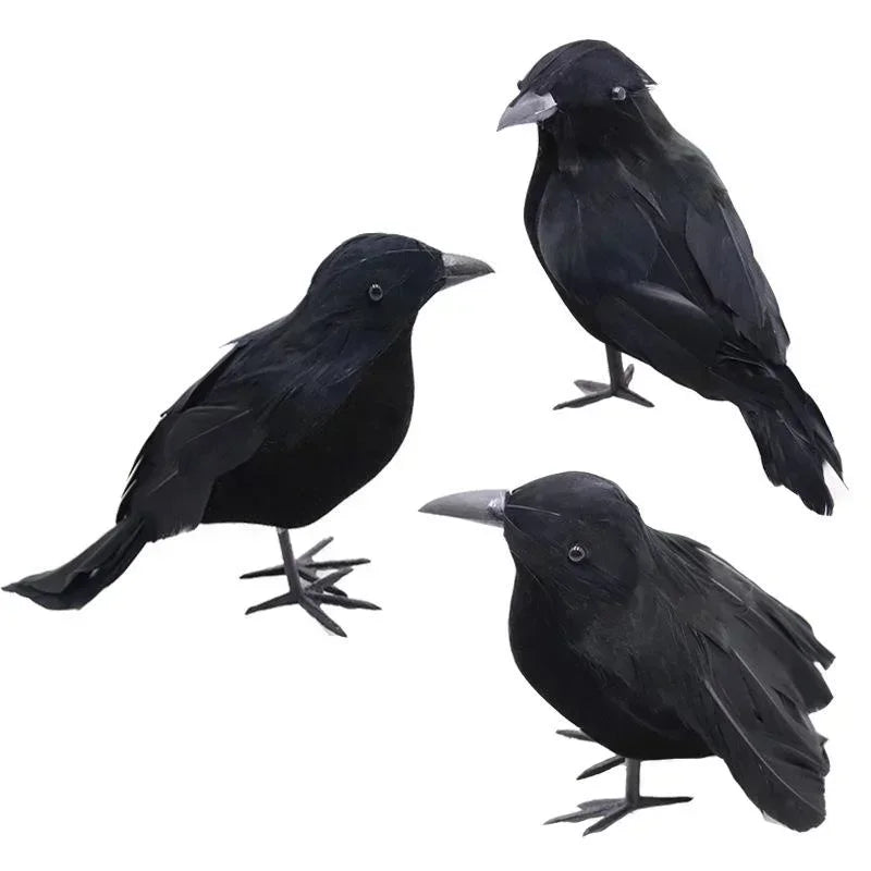 Realistic Black Crow Decoy | Feathered Bird Repellent & Decor Garden Bird Decoy Axl 3pcs