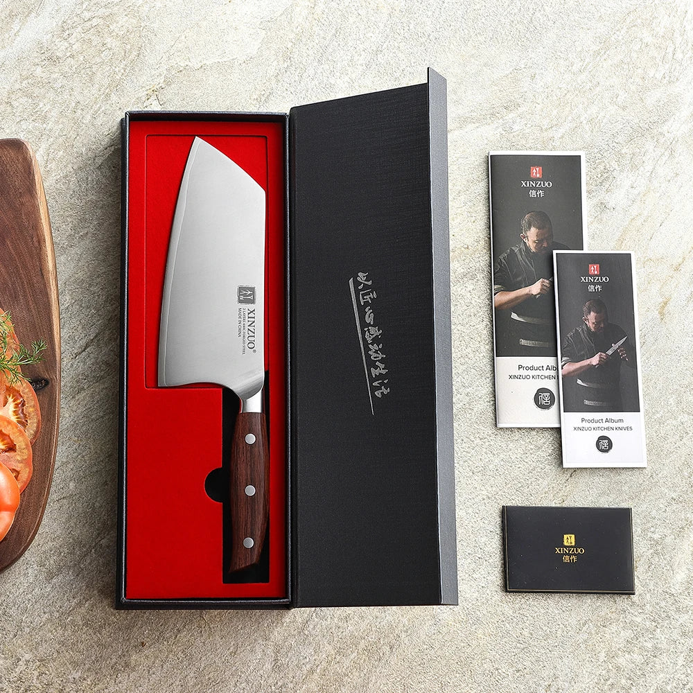 XINZUO 7-Inch Cleaver Knife – 440C Core, Red Wood Handle Cleaver Knife Axl