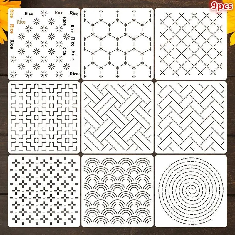 Sashiko Embroidery Stencils – 8/9/24 Pcs Reusable Quilting Templates Embroidery Stencil Set Axl 9PCS