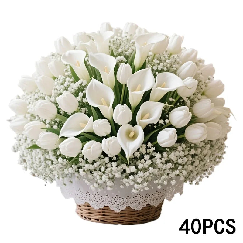 40-Piece Artificial Flower Bouquet – Gypsophila, Tulip & Lily Artificial Flower Bouquet Axl White