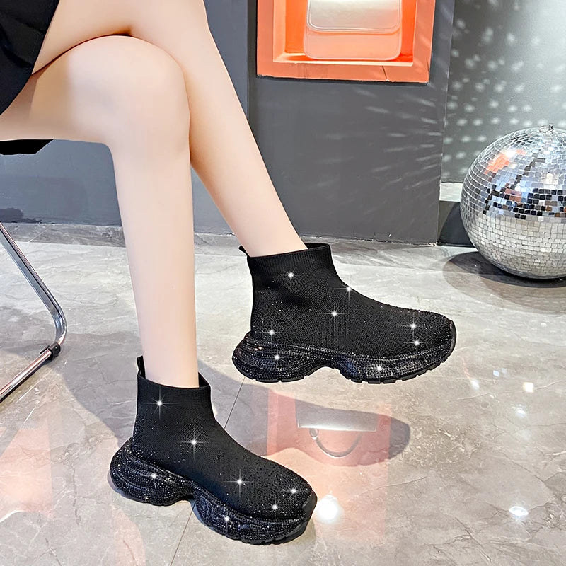 Women's Rhinestone Knit Wedge Mid-Calf Boots | Platform Sock Boot Platform Wedge Boots Axl
