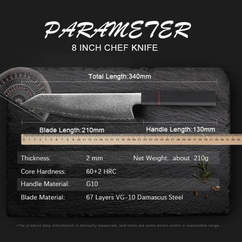 8" Damascus Steel Chef Knife – 67-Layer VG10 G10 Handle Damascus Chef Knife Axl