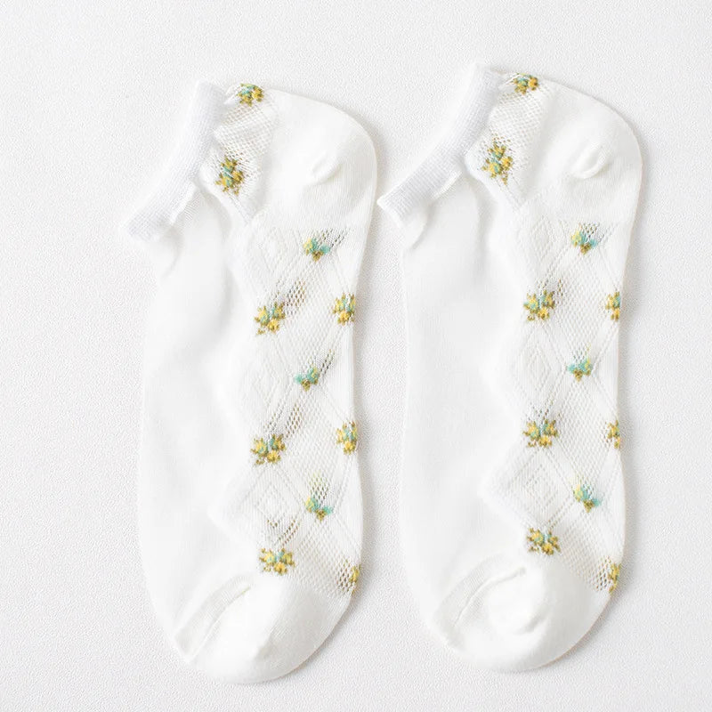 Women's Lace Floral Ankle Socks – 5 Pairs Breathable Cotton Women's Ankle Socks Axl white One Size