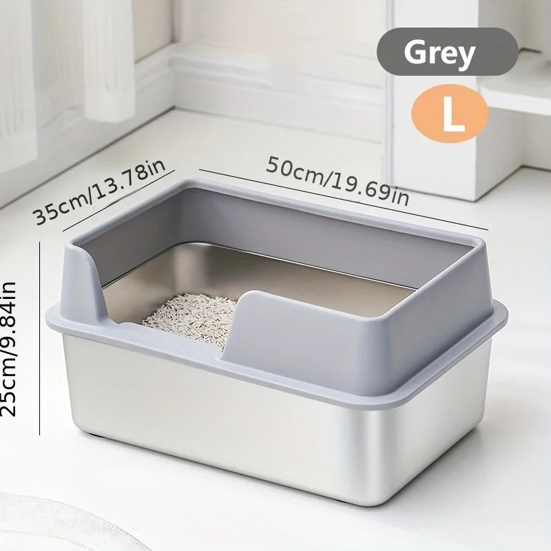 Extra Large Stainless Steel Cat Litter Box – High Wall & Lid Cat Litter Box Axl Grey L