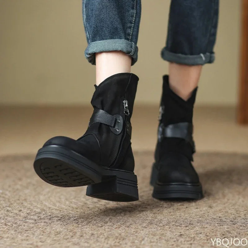 Women's Retro Ankle Boots – Thick Sole Square Heel Buckle Brown Women's Ankle Boots Axl