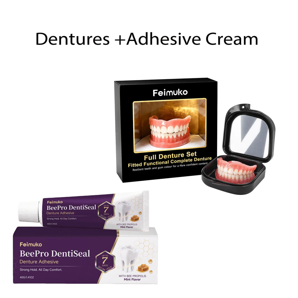 Full Set Silicone Dentures + Propolis Adhesive Cream | Natural Fit Denture Set Axl 1 Set