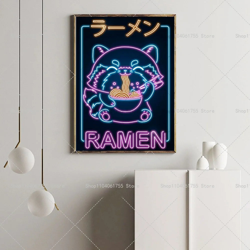 Neon Retro Japanese Ramen Sushi Cat Wall Poster Sticker Wall Poster Sticker Axl