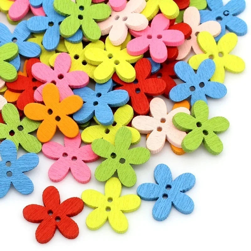 100 Pcs Flower Wooden Buttons 14x15mm – Mixed Color 2-Hole Wooden Craft Buttons Axl