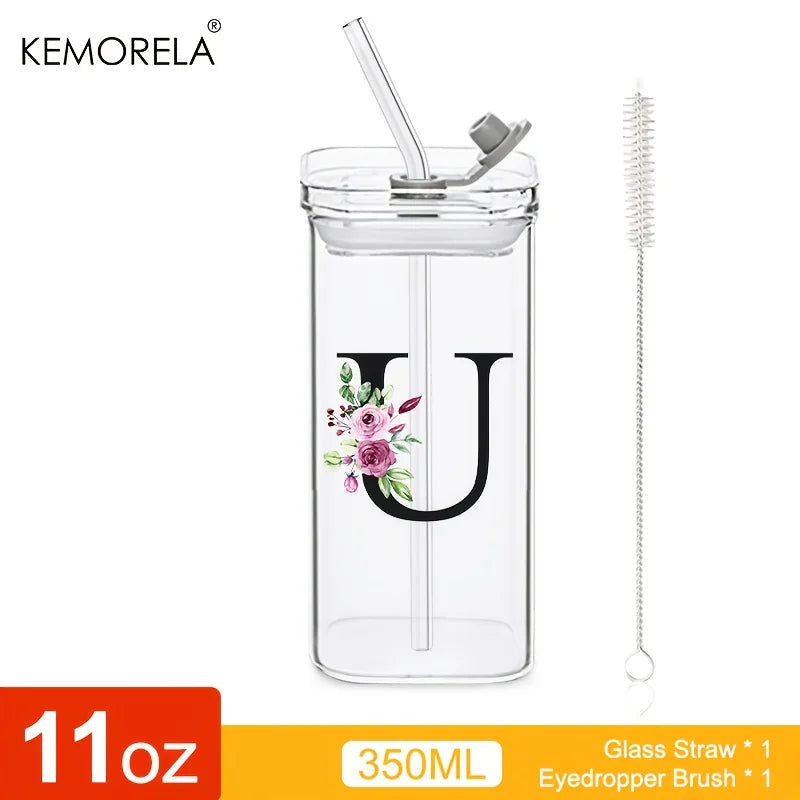 KEMORELA 300ml Letter-Shaped Glass Tumbler with Lid & Straw Glass Tumbler Axl U 300ML
