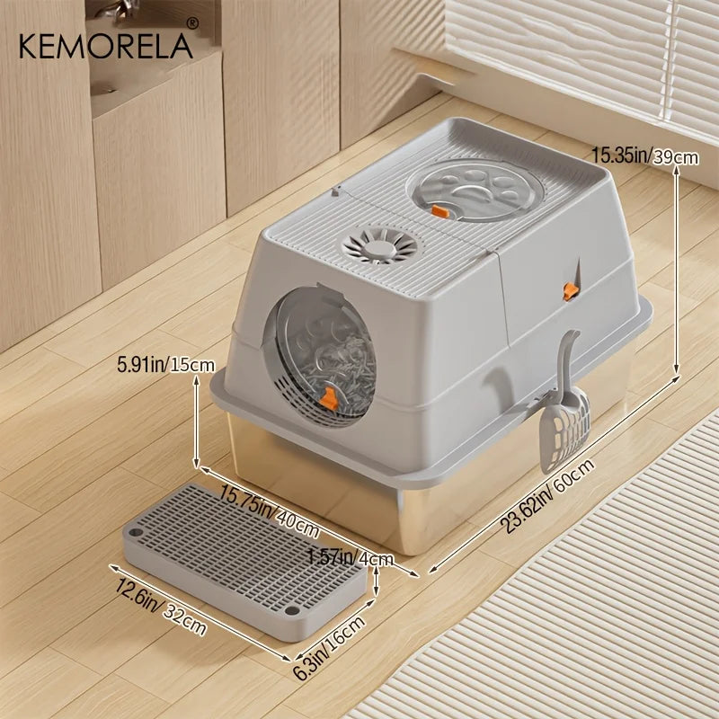 KEMORELA XL Stainless Steel Cat Litter Box – High-Sided + Scoop Cat Litter Box Axl Light Grey XL