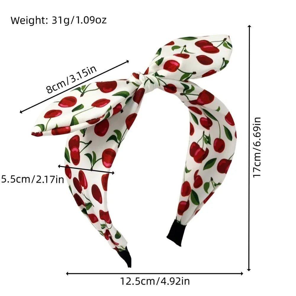Cherry Print Bow Headband – Wide Knotted Rabbit Ear Hair Hoop Fashion Headband Axl