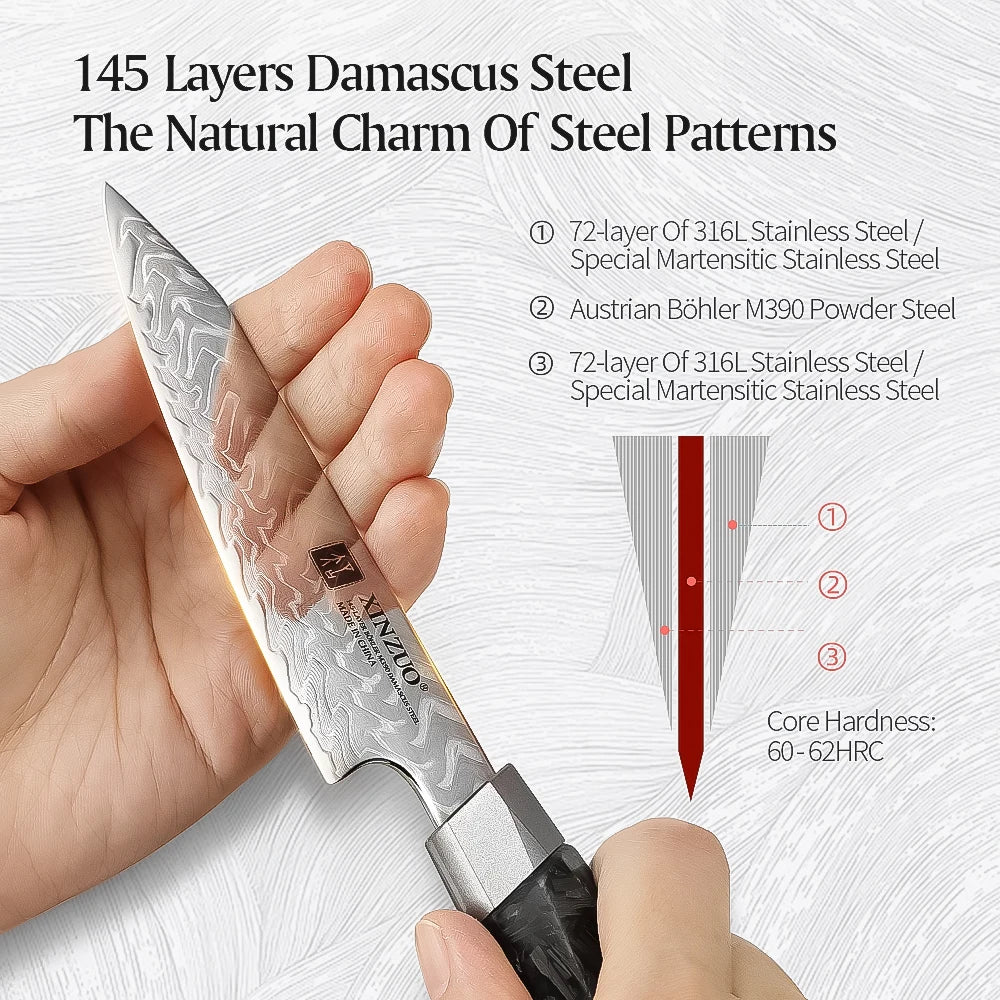 XINZUO Damascus Paring Knife – 145-Layer Carbon Fiber Handle Damascus Paring Knife Axl