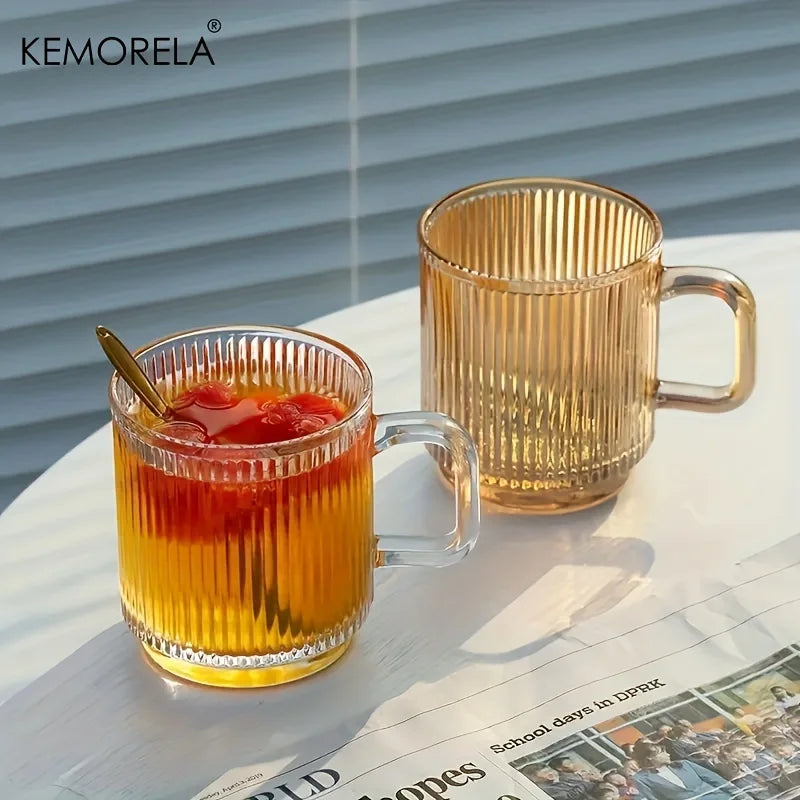 KEMORELA 350ml Vertical Grain Glass Coffee Cup with Handle Glass Coffee Cup Axl