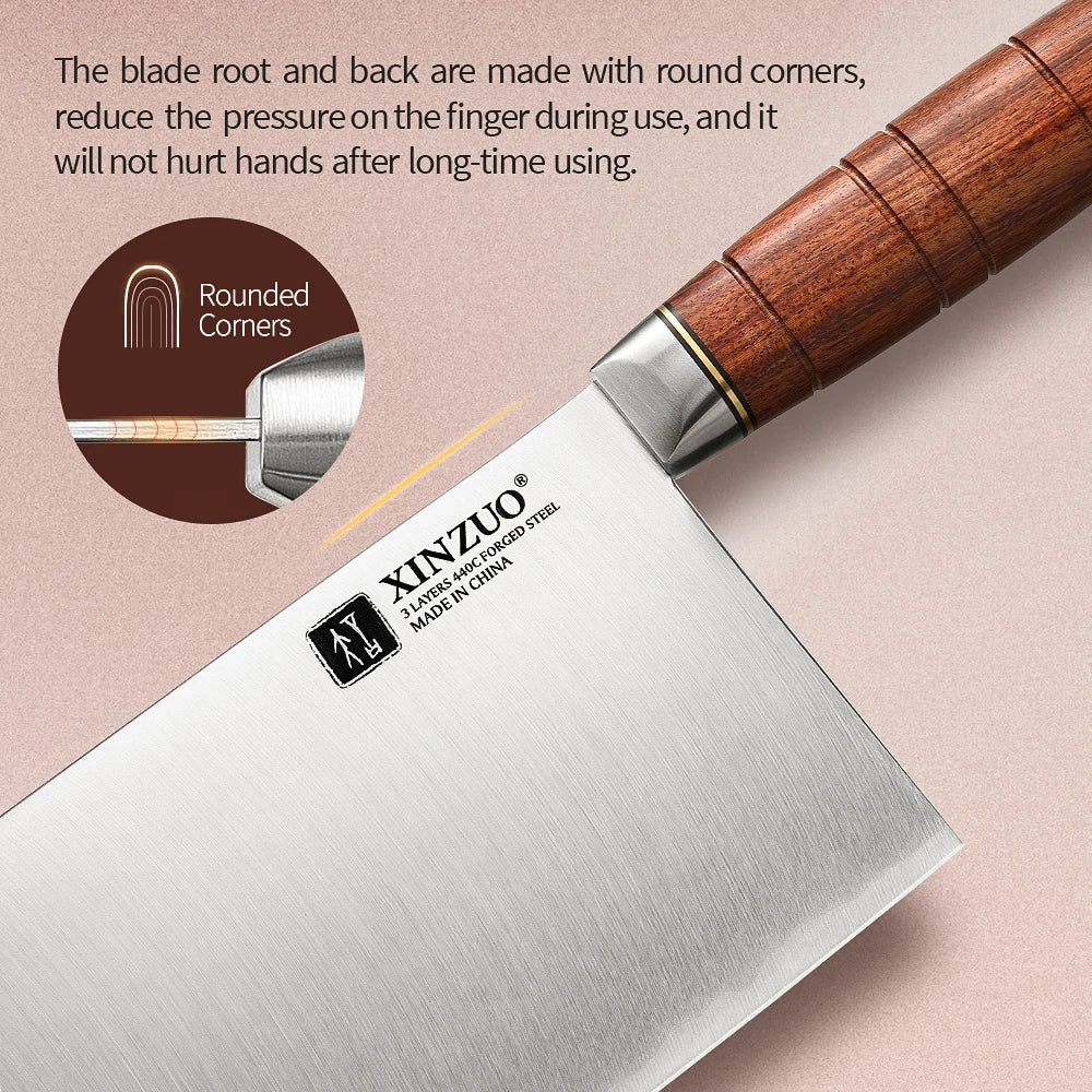 XINZUO 8.6" Cleaver Knife – 3-Layer Steel & Red Wood Handle Kitchen Cleaver Knife Axl
