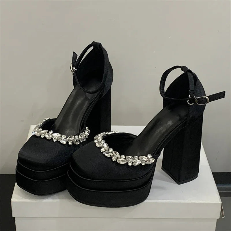Women's Crystal Diamond Platform Chunky High Heel Pumps Platform Heeled Pumps Axl