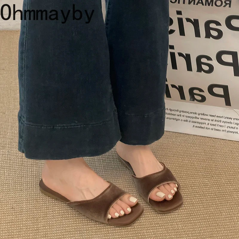 Women's Square Toe Suede Slide Slippers | Soft Sole Summer Women's Slide Slippers Axl