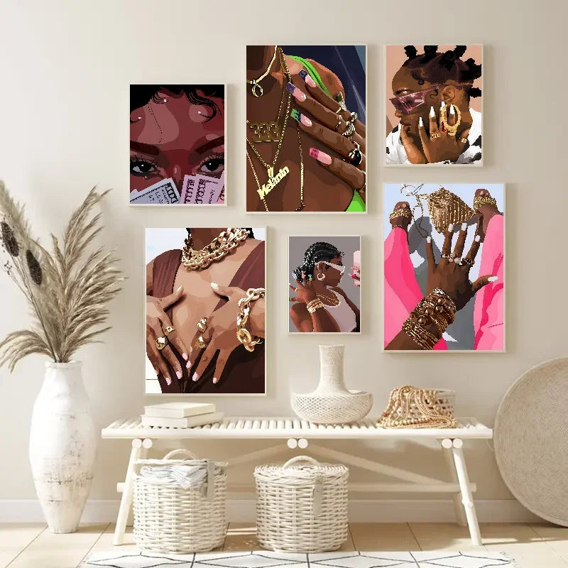 Hip Hop Black Girl Gold Jewelry Wall Poster | Self-Adhesive Wall Art Poster Axl