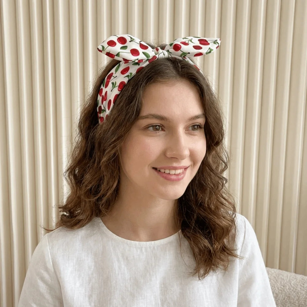 Cherry Print Bow Headband – Wide Knotted Rabbit Ear Hair Hoop Fashion Headband Axl