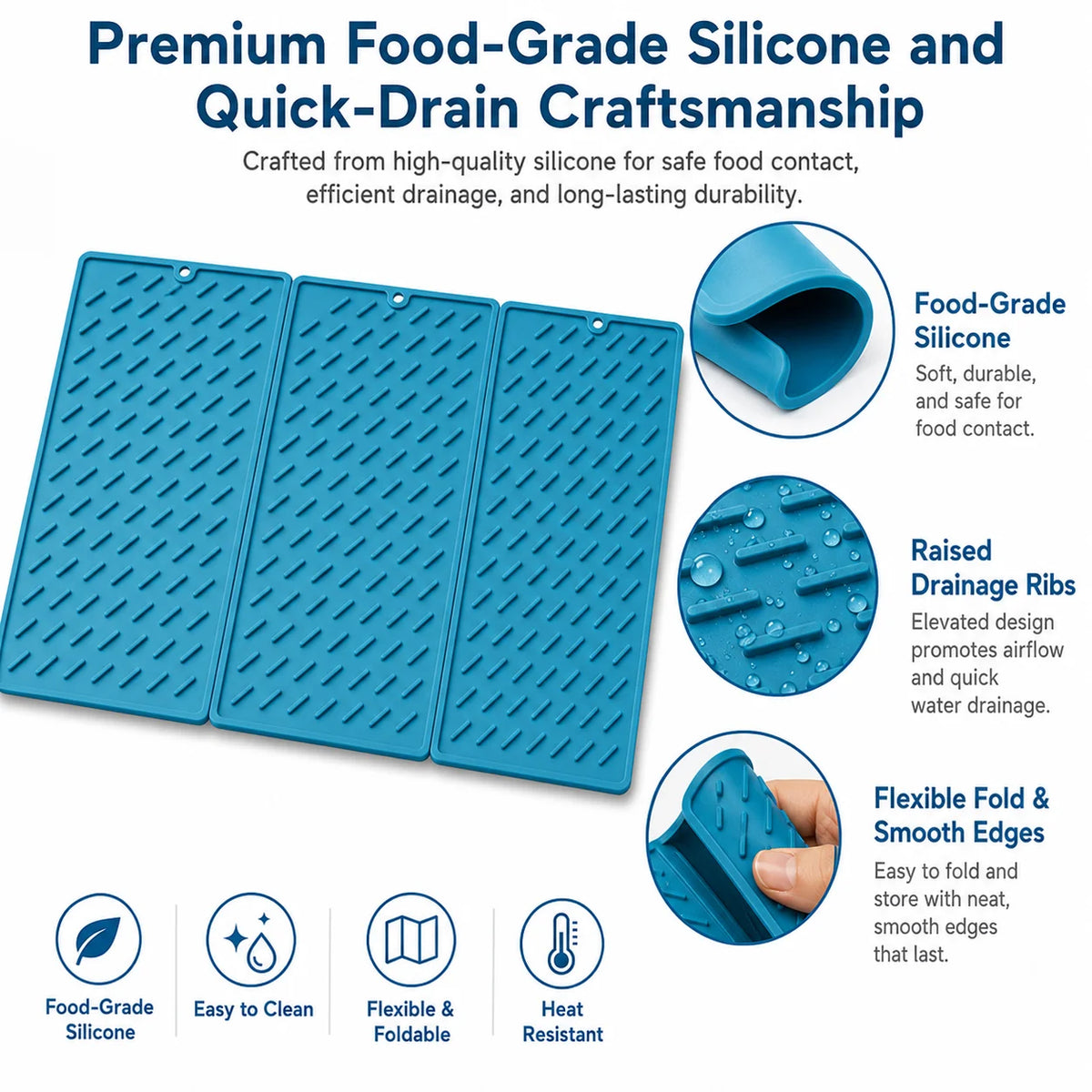 Large Foldable Silicone Dish Drying Mat – Non-Slip Kitchen Pad Kitchen Drying Mat Axl