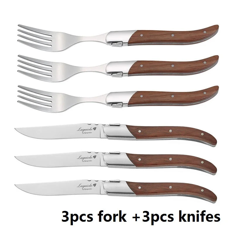Laguiole-Style 6pc Steak Knife & Fork Set – Rosewood Handle Steak Knife Fork Set Axl 3 Knife 3 Fork 8.5 inch