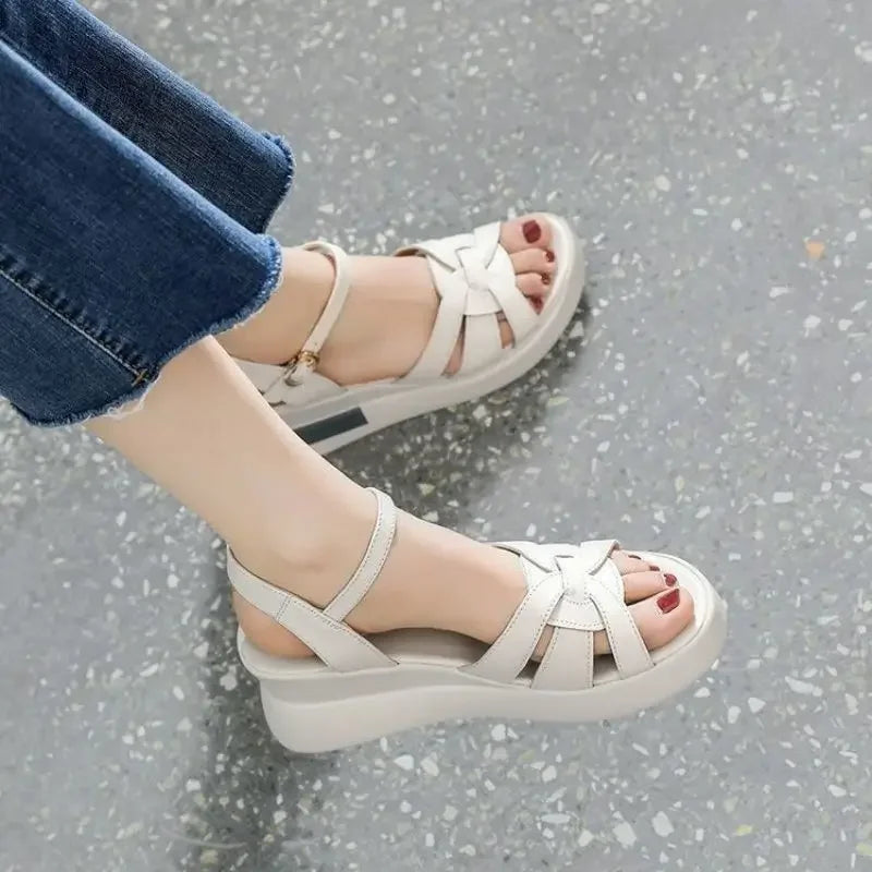 Women's Retro Hollow Button Open-Toe Wedge Sandals Wedge Sandals Axl