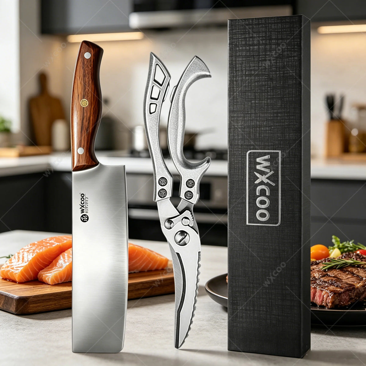 WXCOO Japanese Chef Knife Set – Santoku, Cleaver & Sushi Kitchen Knife Set Axl 2PCS C