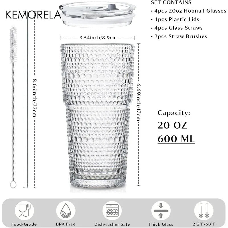 KEMORELA 600ml Hobnail Glass Tumbler with Lid & Straw Glass Tumbler Set Axl