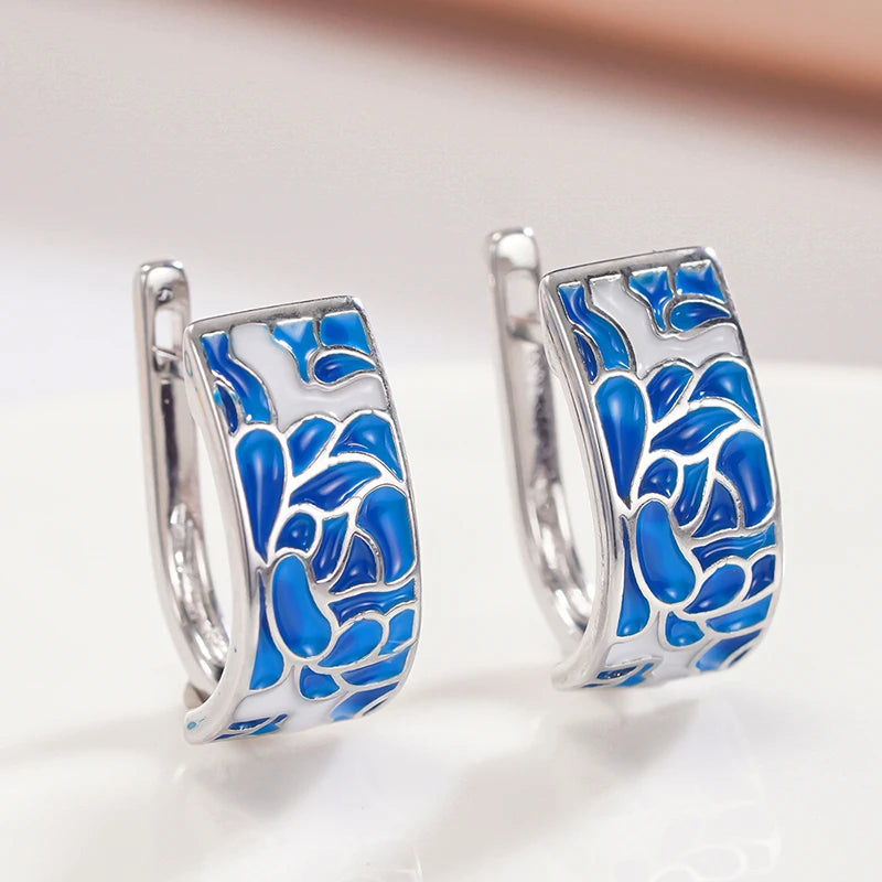 Huitan Blue Flower Hoop Earrings – Women's Silver Jewelry Hoop Earrings Axl E4547