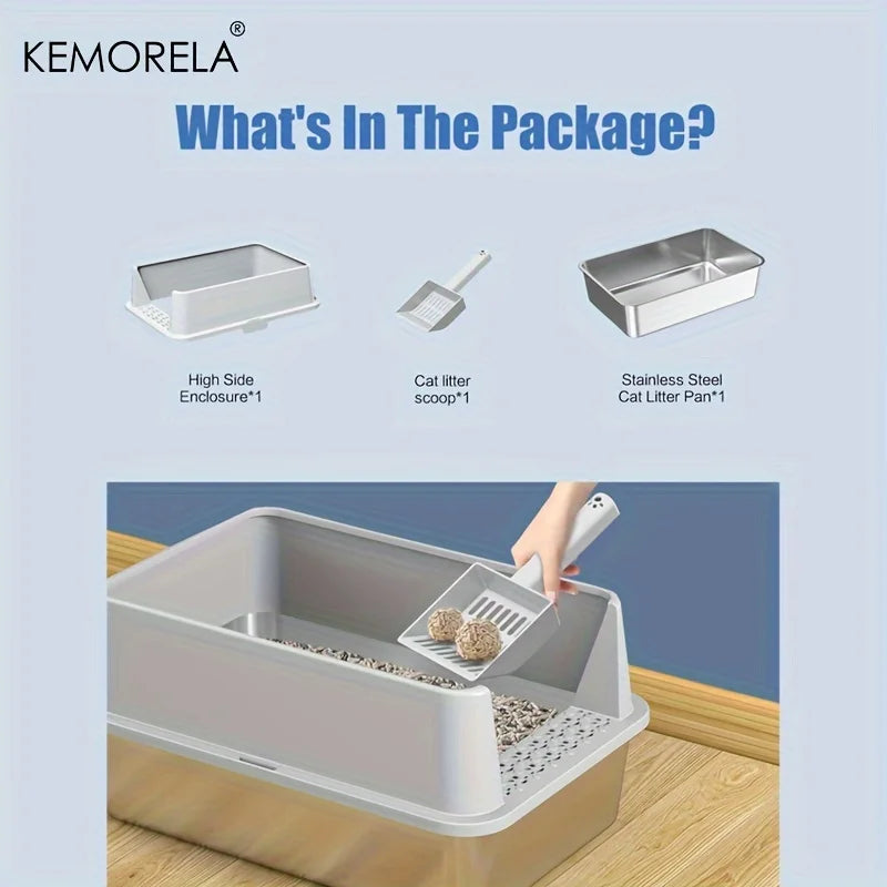 KEMORELA XL Stainless Steel Cat Litter Box with Lid & Scoop Cat Litter Box Axl
