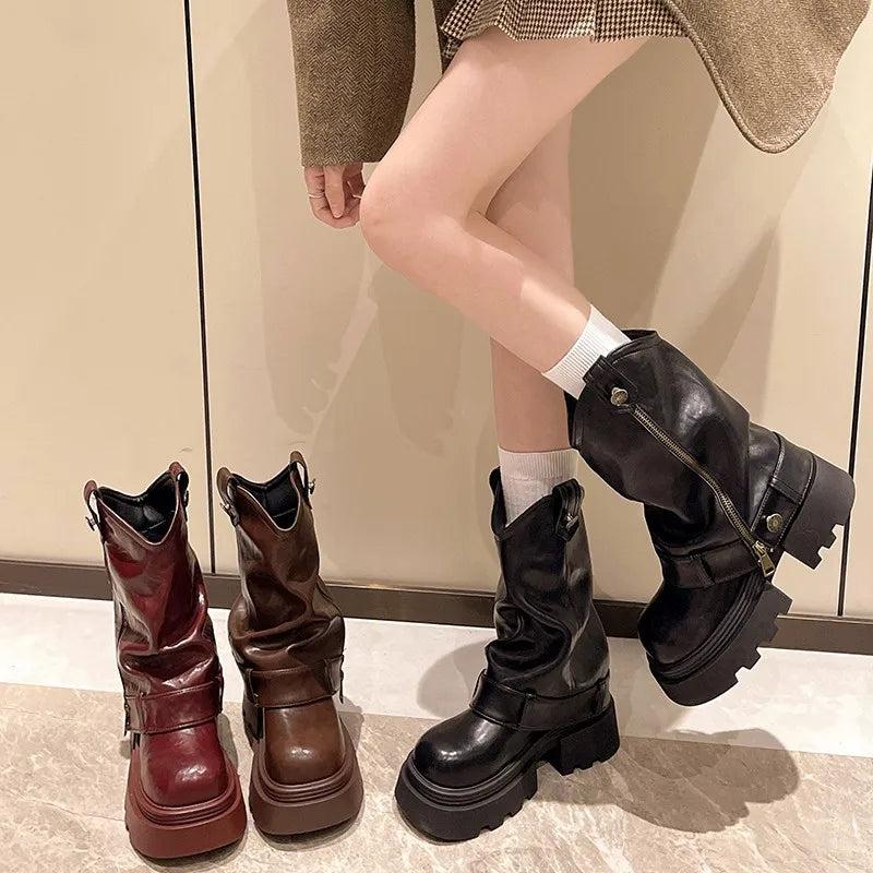 Women's Zip Block Heel Mid-Calf Platform Boots | Round Toe Mid-Calf Boots Axl