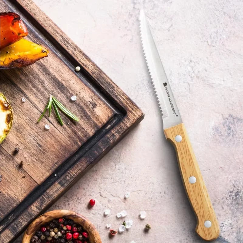 Serrated Steak Knives Set – Stainless Steel & Wood Handle Steak Knife Set Axl