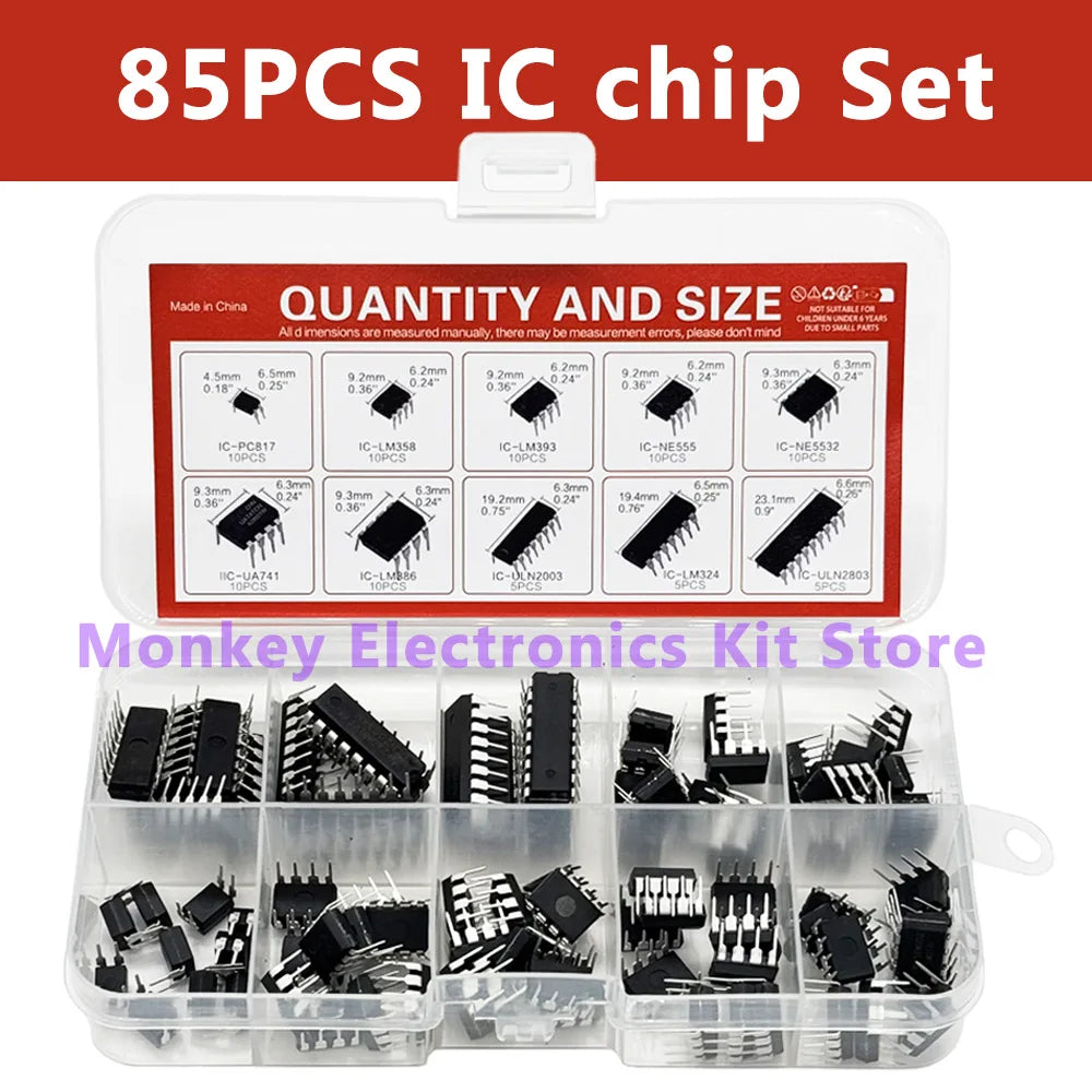 85-Piece IC Chip Kit – NE555 LM324 LM358 DIP Assortment DIY IC Component Kit Axl